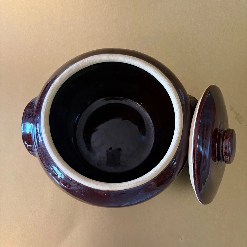 Vintage USA Pottery Brown Glazed Bean Pot with Lid Stoneware Casserole Dish 8in